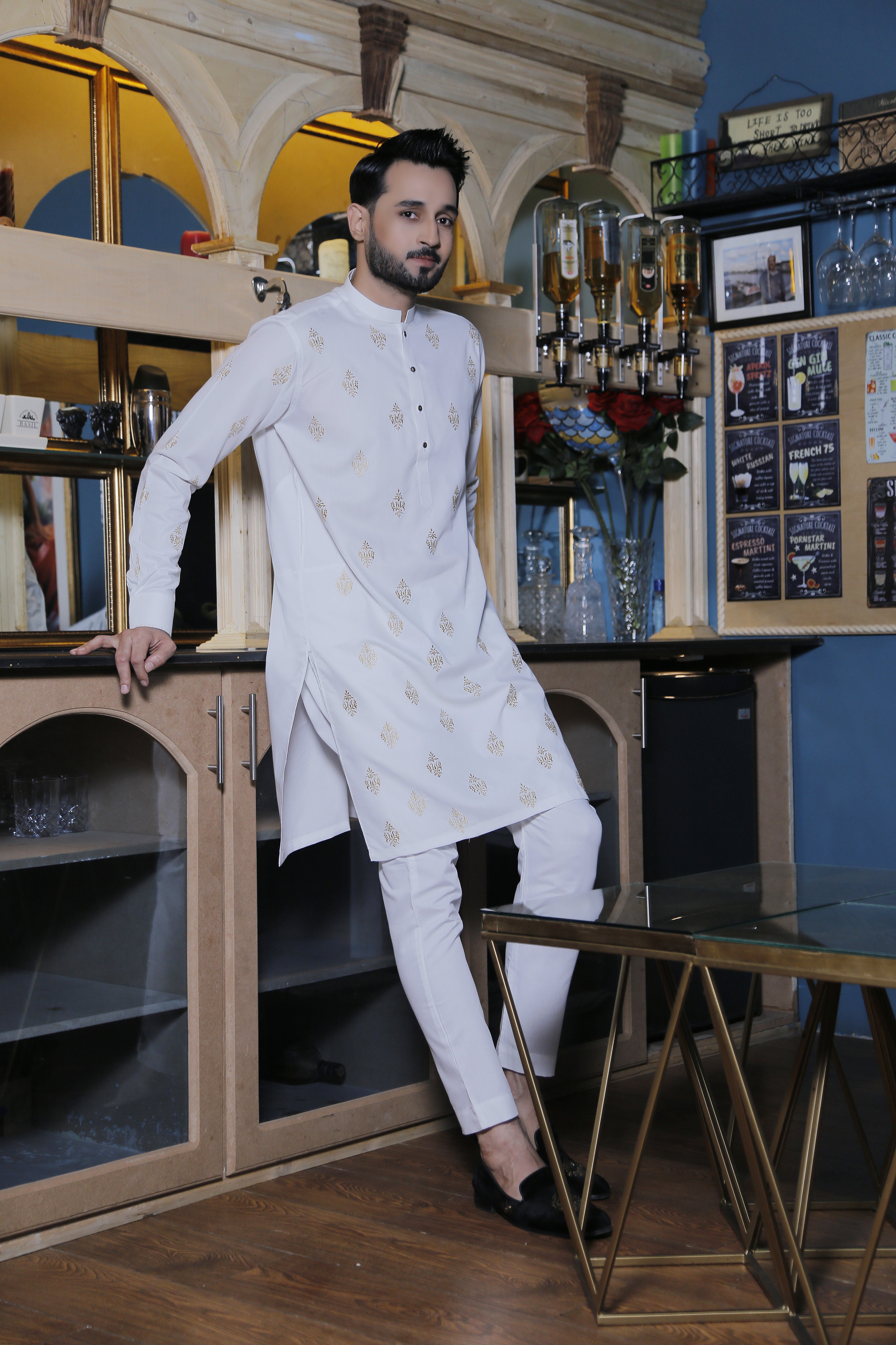 White Color Motif Embroidered Kurta Pajama For Men