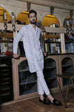 White Color Grey Embroidered Kurta Pajama For Men