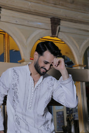 White Color Grey Embroidered Kurta Pajama For Men