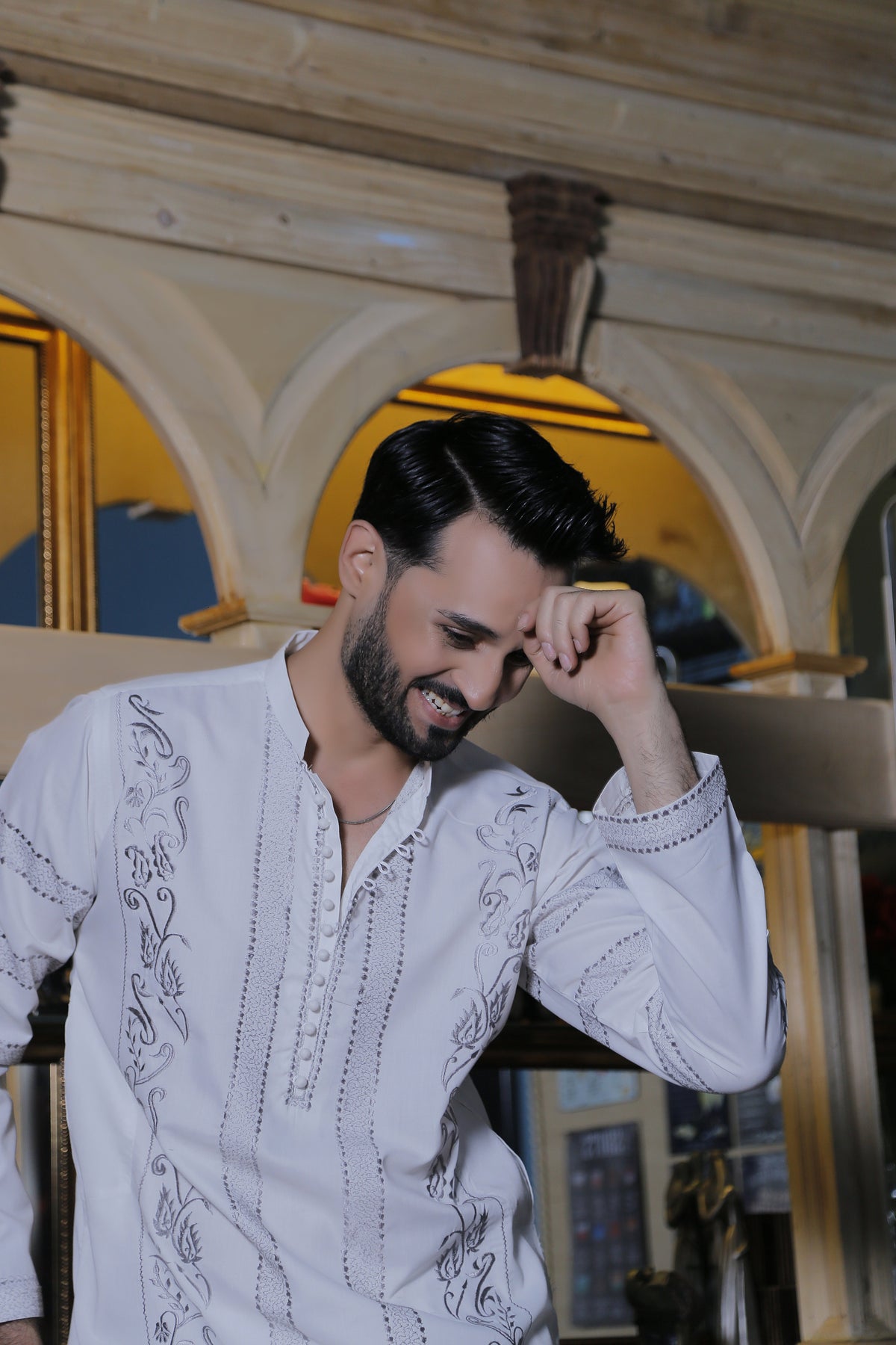 White Color Grey Embroidered Kurta Pajama For Men