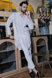White Color Grey Embroidered Kurta Pajama For Men