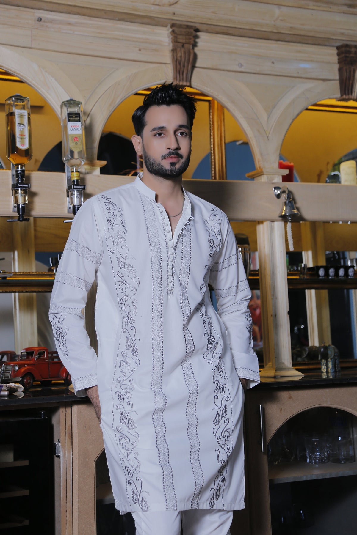White Color Grey Embroidered Kurta Pajama For Men