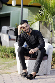 Black Color Black Embroidered Kurta Pajama For Men