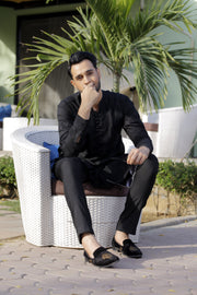 Black Color Black Embroidered Kurta Pajama For Men