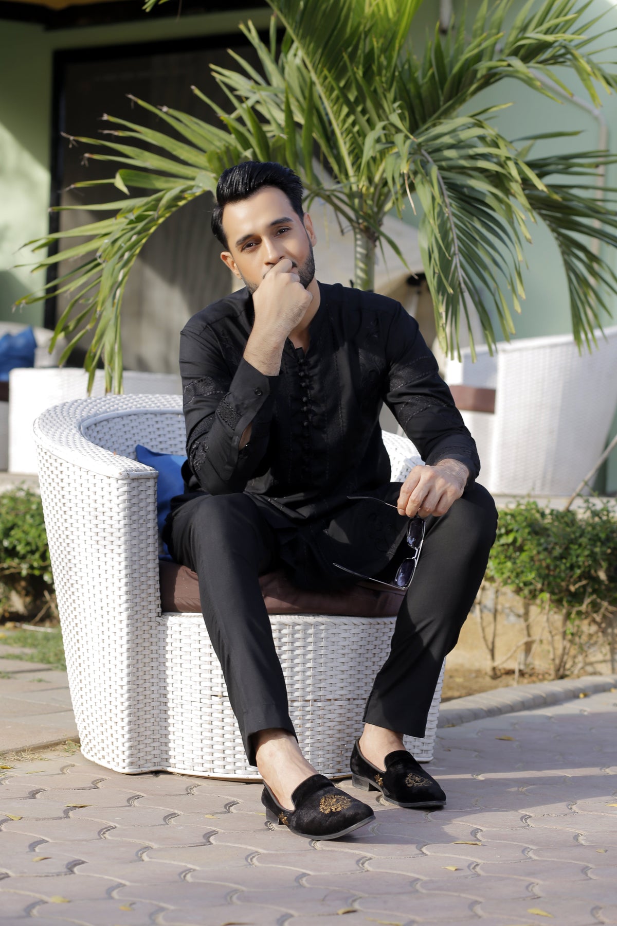 Black Color Black Embroidered Kurta Pajama For Men
