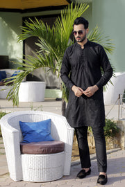 Black Color Black Embroidered Kurta Pajama For Men