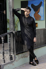 Black Color Embroidered Kurta Pajama For Men