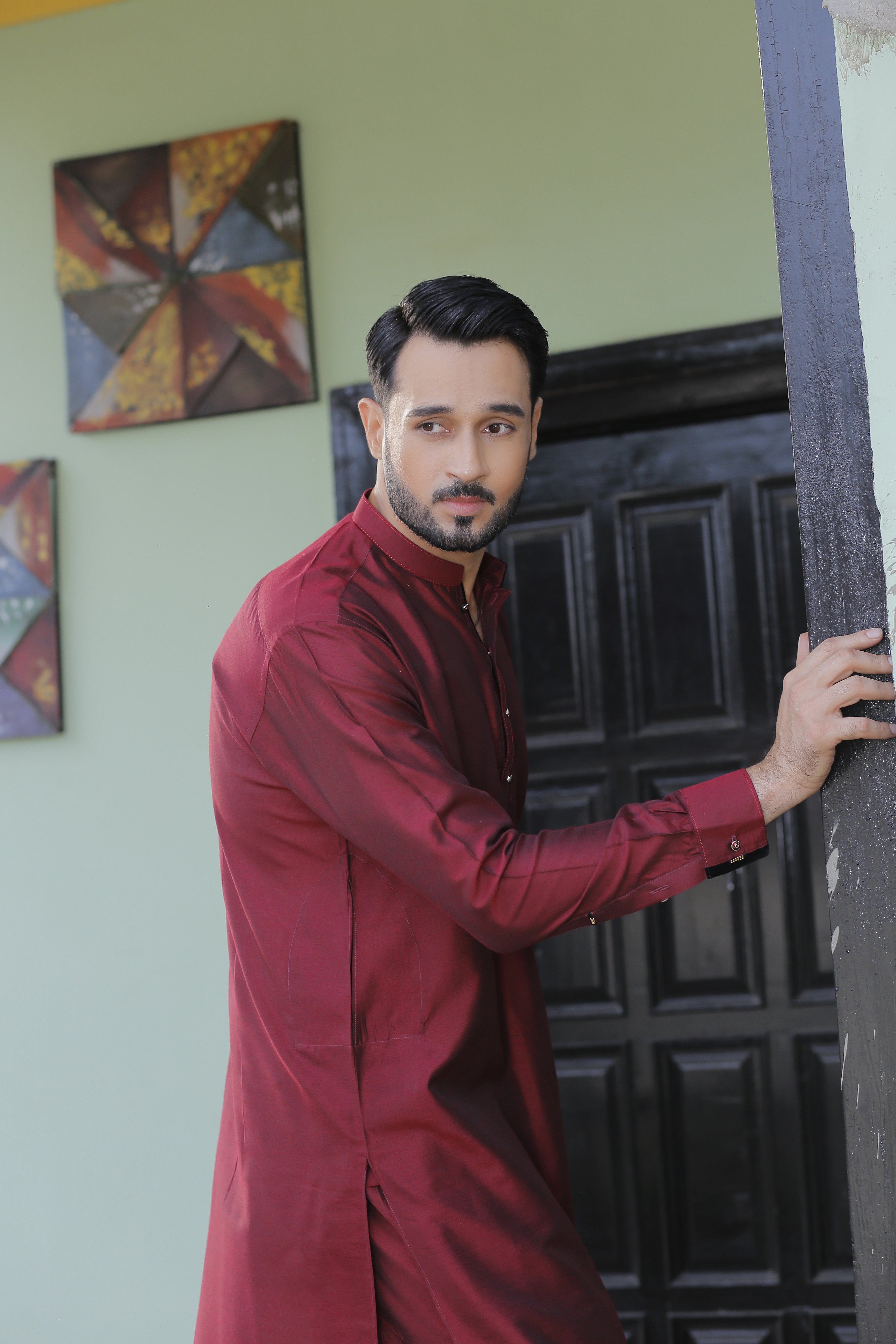Maroon Color Cotton-Silk With Velvet Finish Kurta Pajama For Men