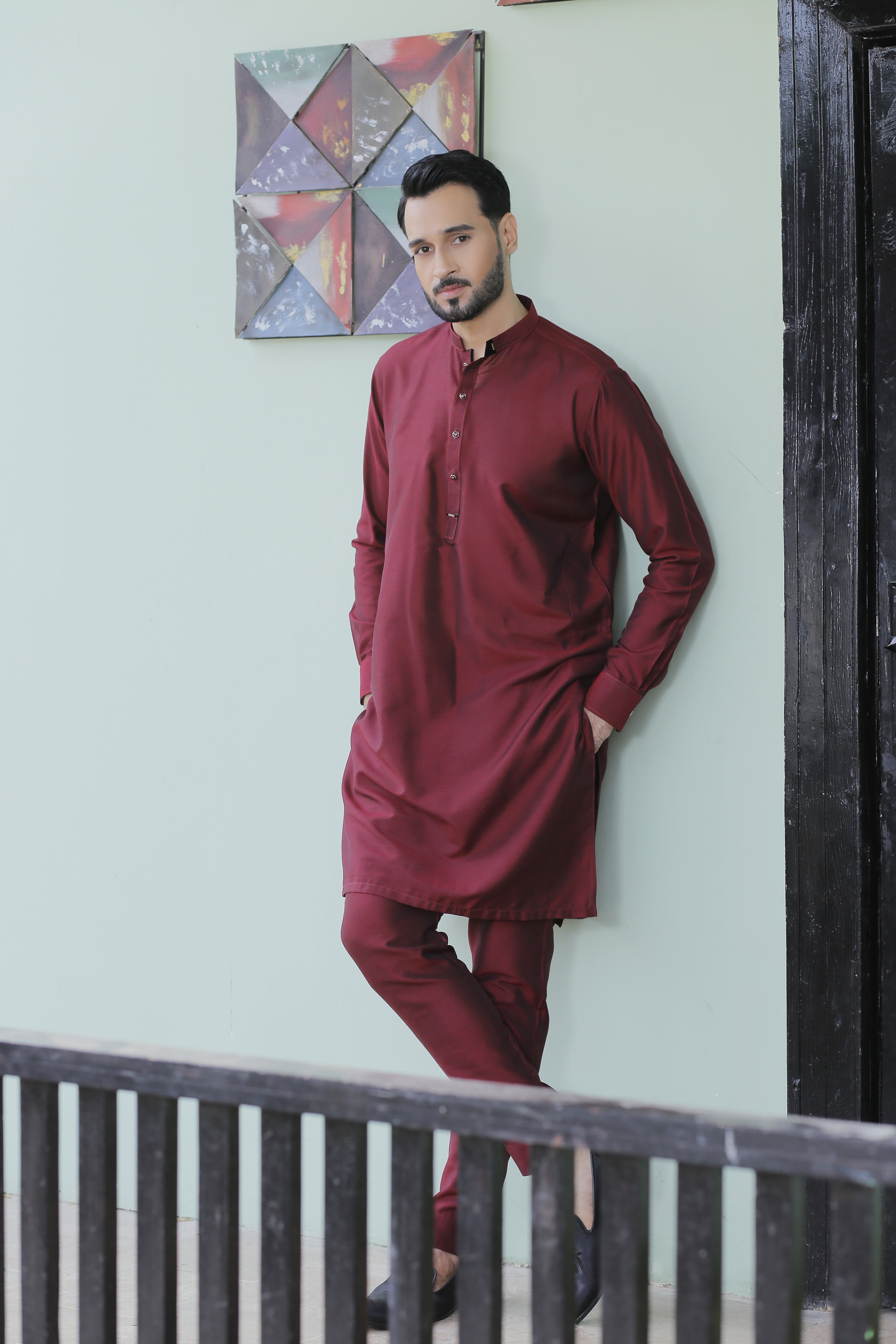 Maroon Color Cotton-Silk With Velvet Finish Kurta Pajama For Men
