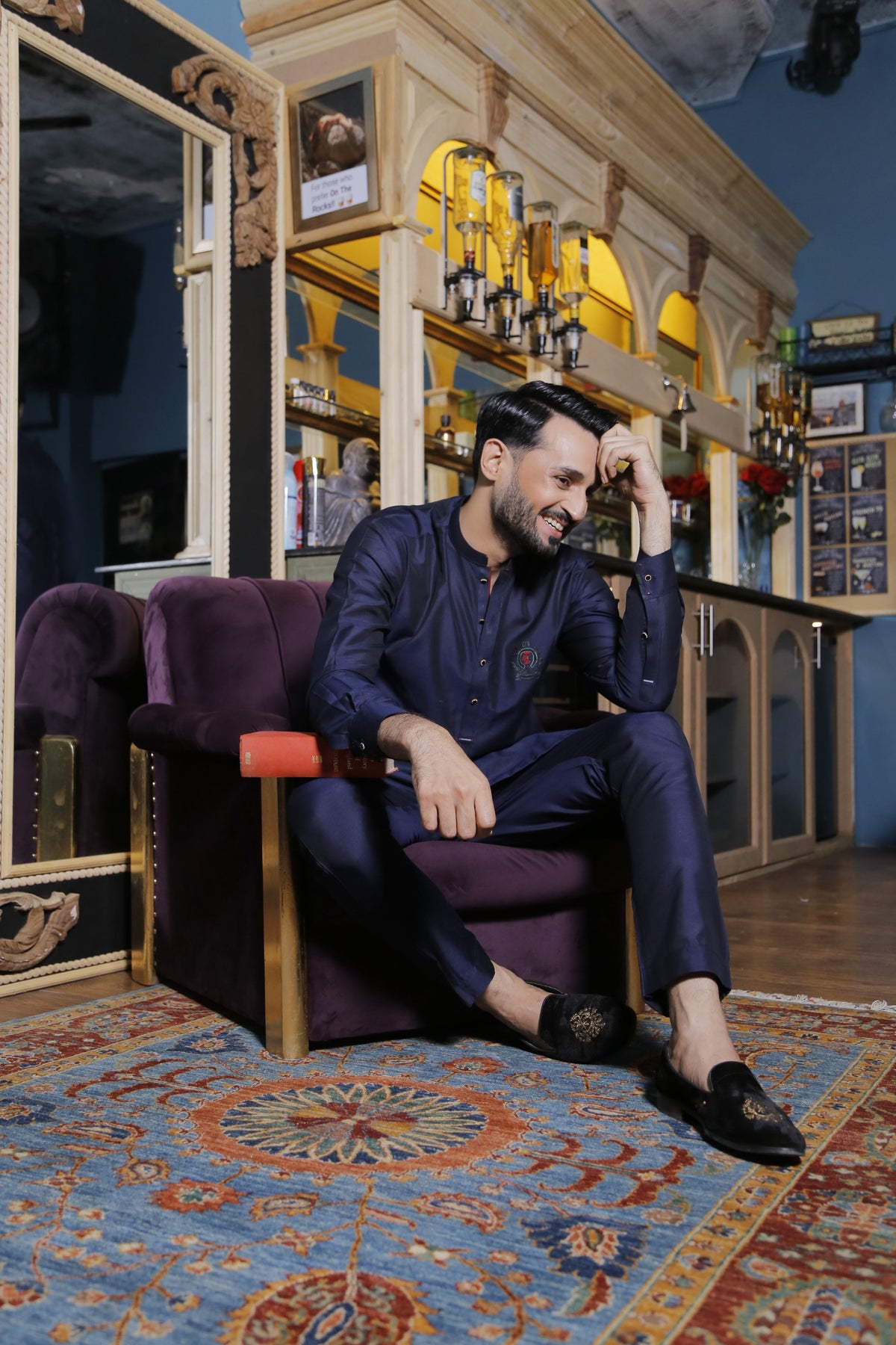 Blue Color Green Embroidered Cotton-Silk Kurta Pajama For Men