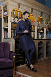 Blue Color Green Embroidered Cotton-Silk Kurta Pajama For Men