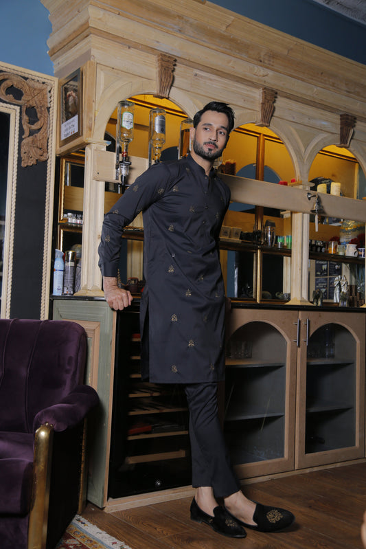 Black Color Copper Motifs Embroidered Kurta Pajama For Men