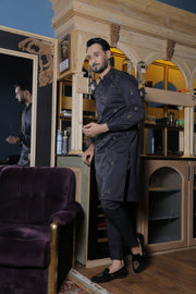Black Color Copper Motifs Embroidered Kurta Pajama For Men