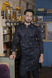 Black Color Copper Motifs Embroidered Kurta Pajama For Men