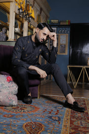 Black Color Copper Motifs Embroidered Kurta Pajama For Men