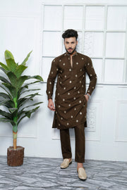 Brown Color Embroidered Kurta Pajama For Men