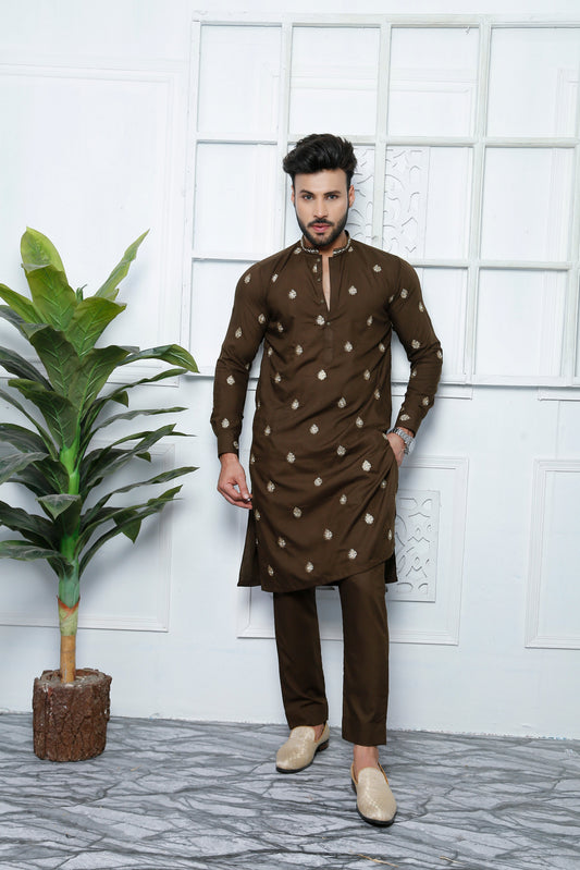 Brown Color Embroidered Kurta Pajama For Men