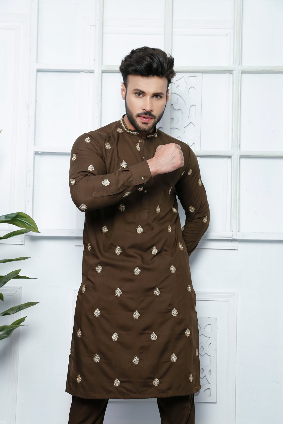 Brown Color Embroidered Kurta Pajama For Men