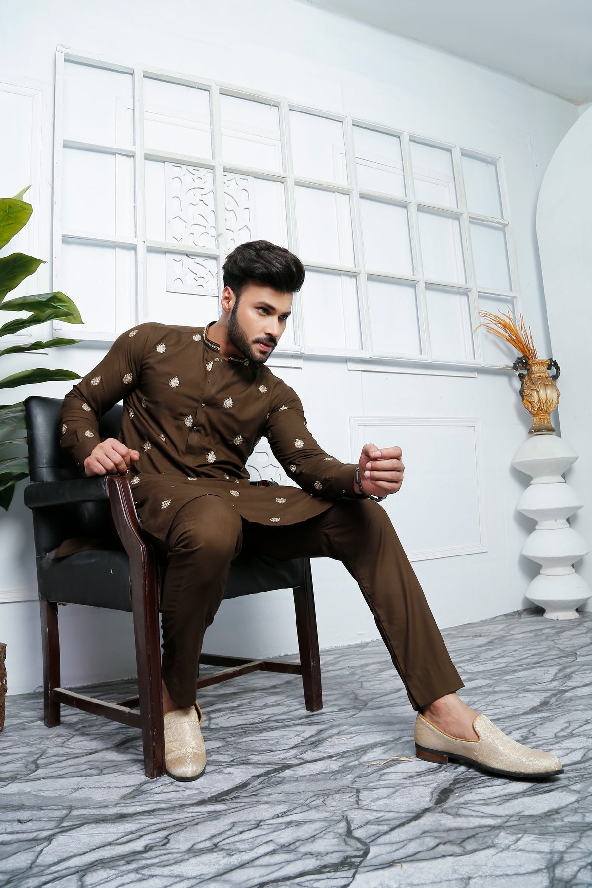 Brown Color Embroidered Kurta Pajama For Men