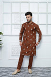Brown Embroidered Kurta Pajama For Men