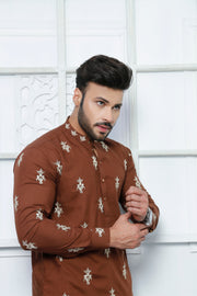 Brown Embroidered Kurta Pajama For Men