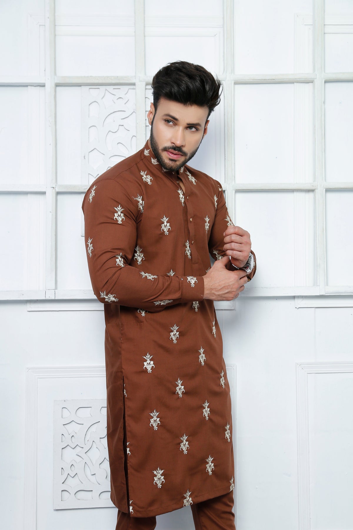 Brown Embroidered Kurta Pajama For Men
