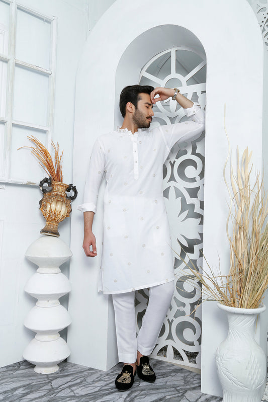 White Color Embroidered Kurta Pajama For Men