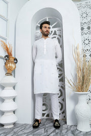 White Color Embroidered Kurta Pajama For Men