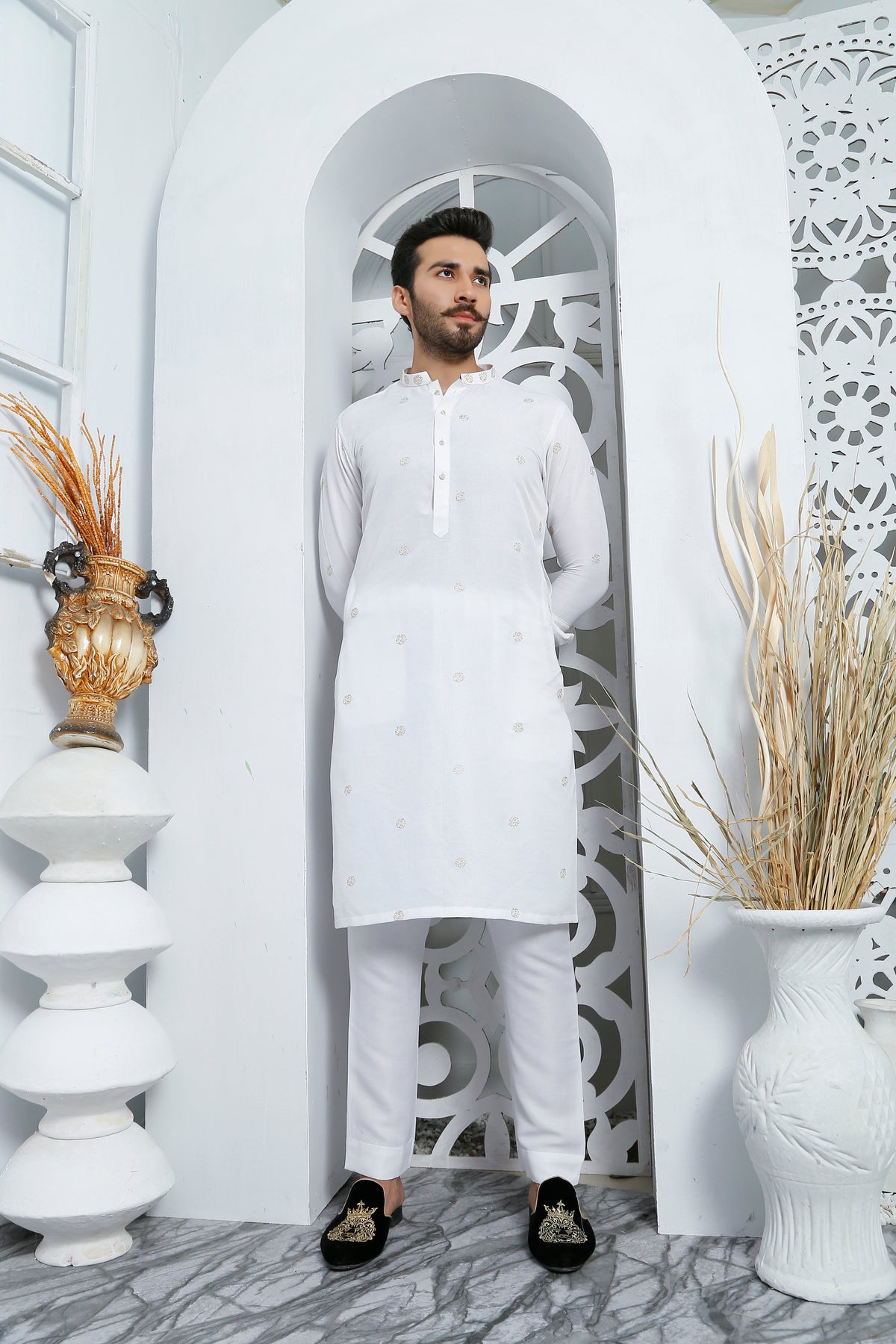 White Color Embroidered Kurta Pajama For Men