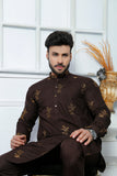 Dark Brown Color Embroidered Kurta Pajama For Men