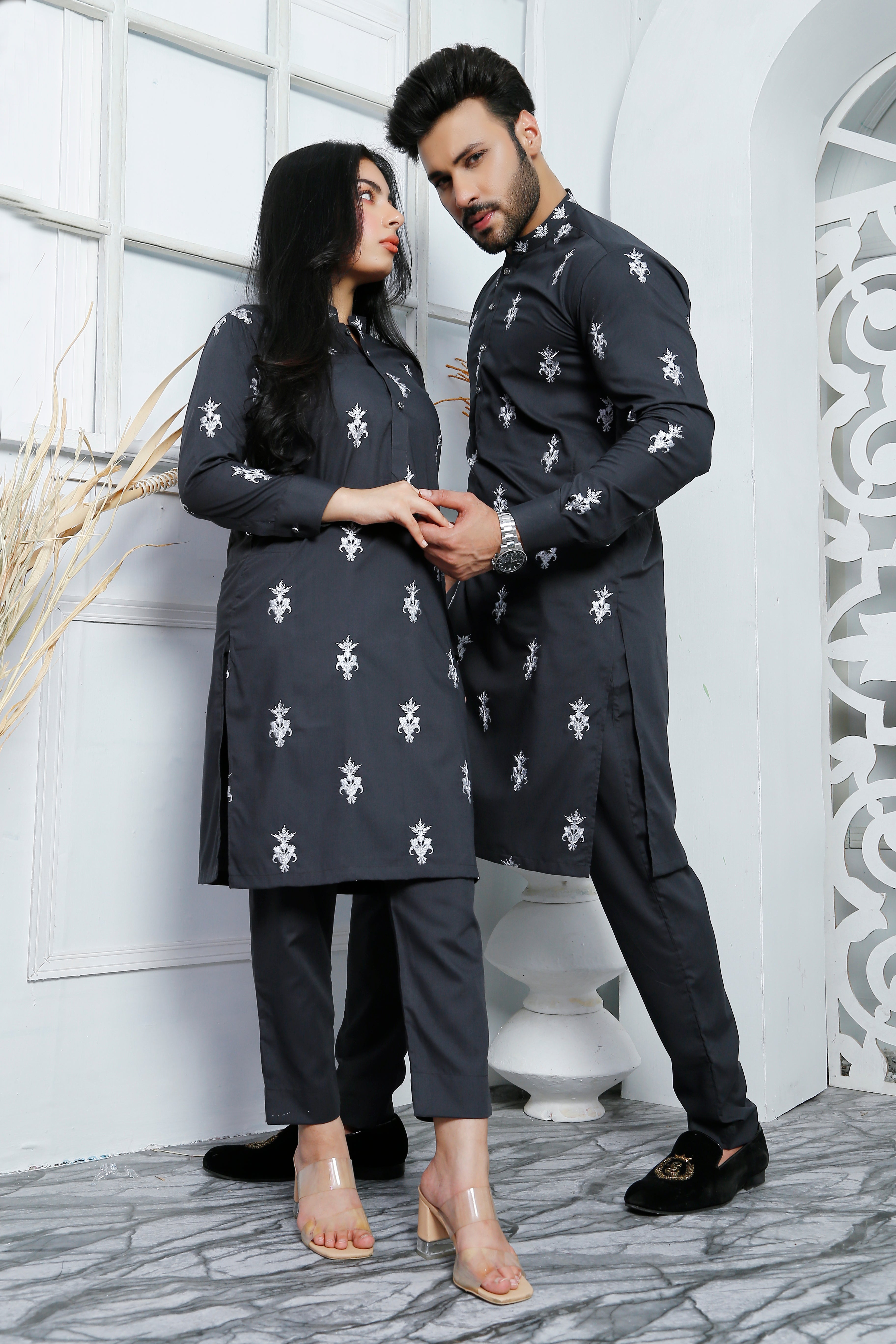 Gray Color Embroidered Kurta & Trouser For Couple