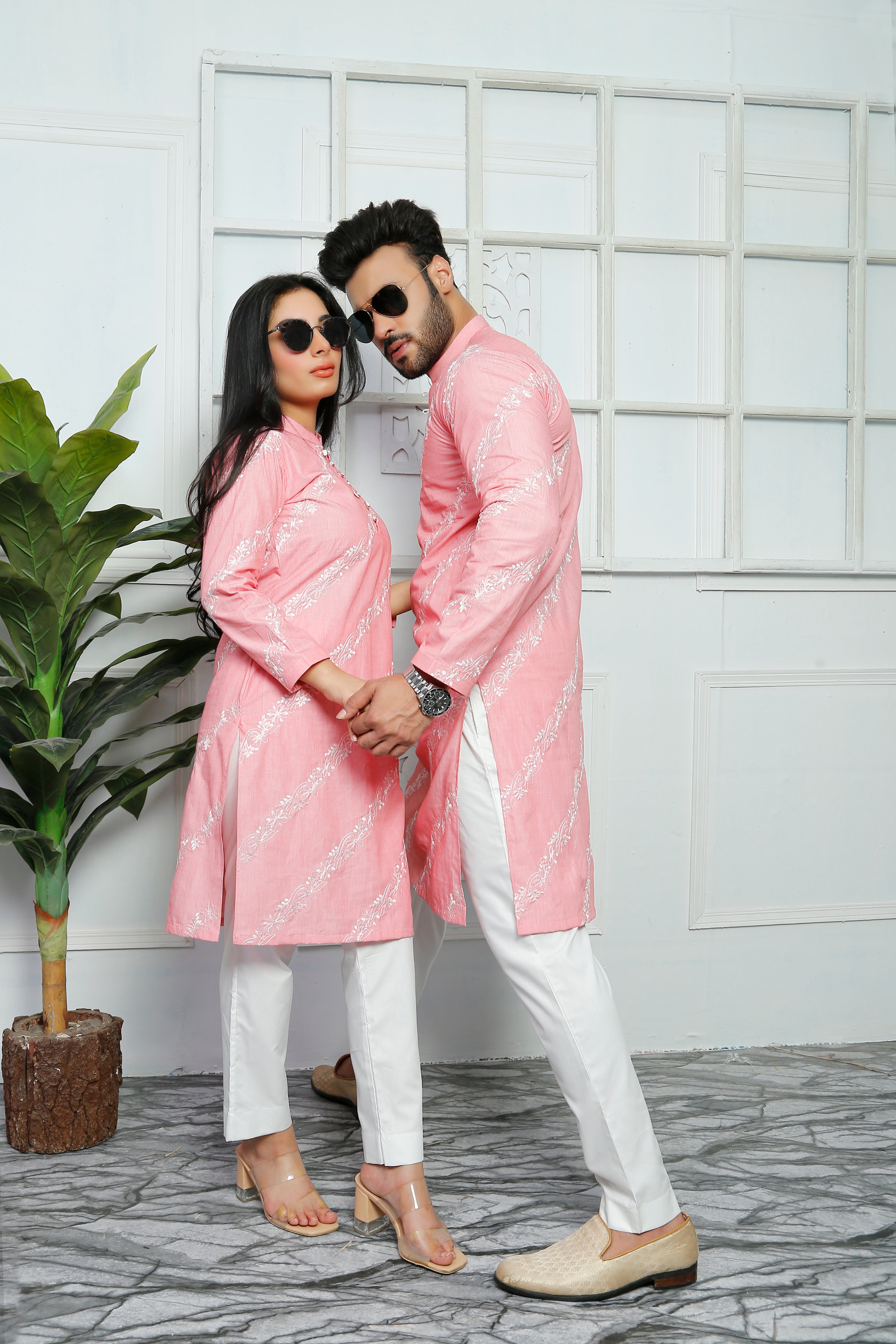 Pink Color Embroidered Kurta & Trouser For Couple