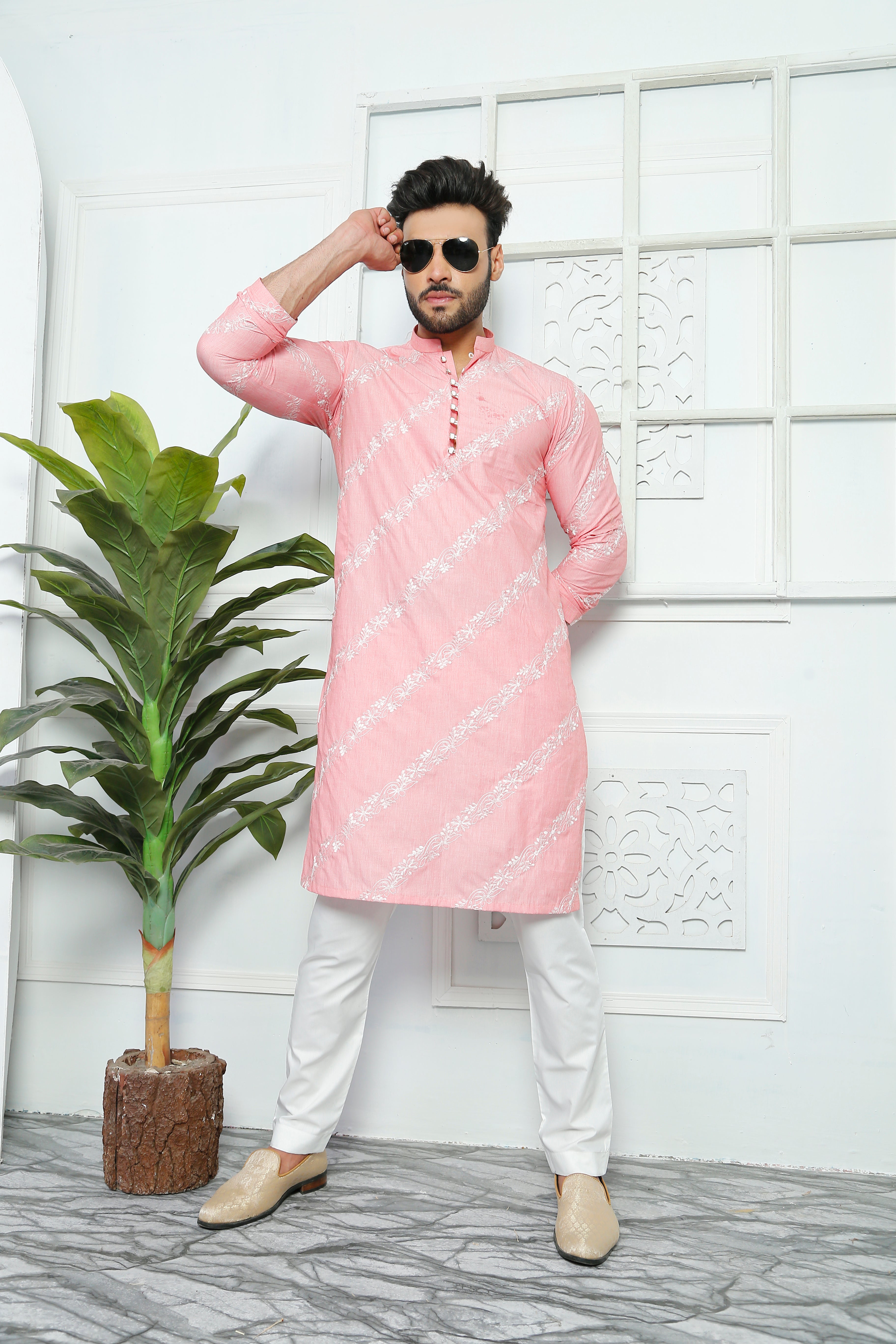 Pink Color Embroidered Kurta Pajama For Men