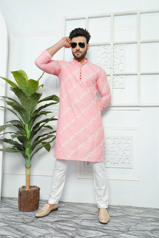 Pink Color Embroidered Kurta Pajama For Men