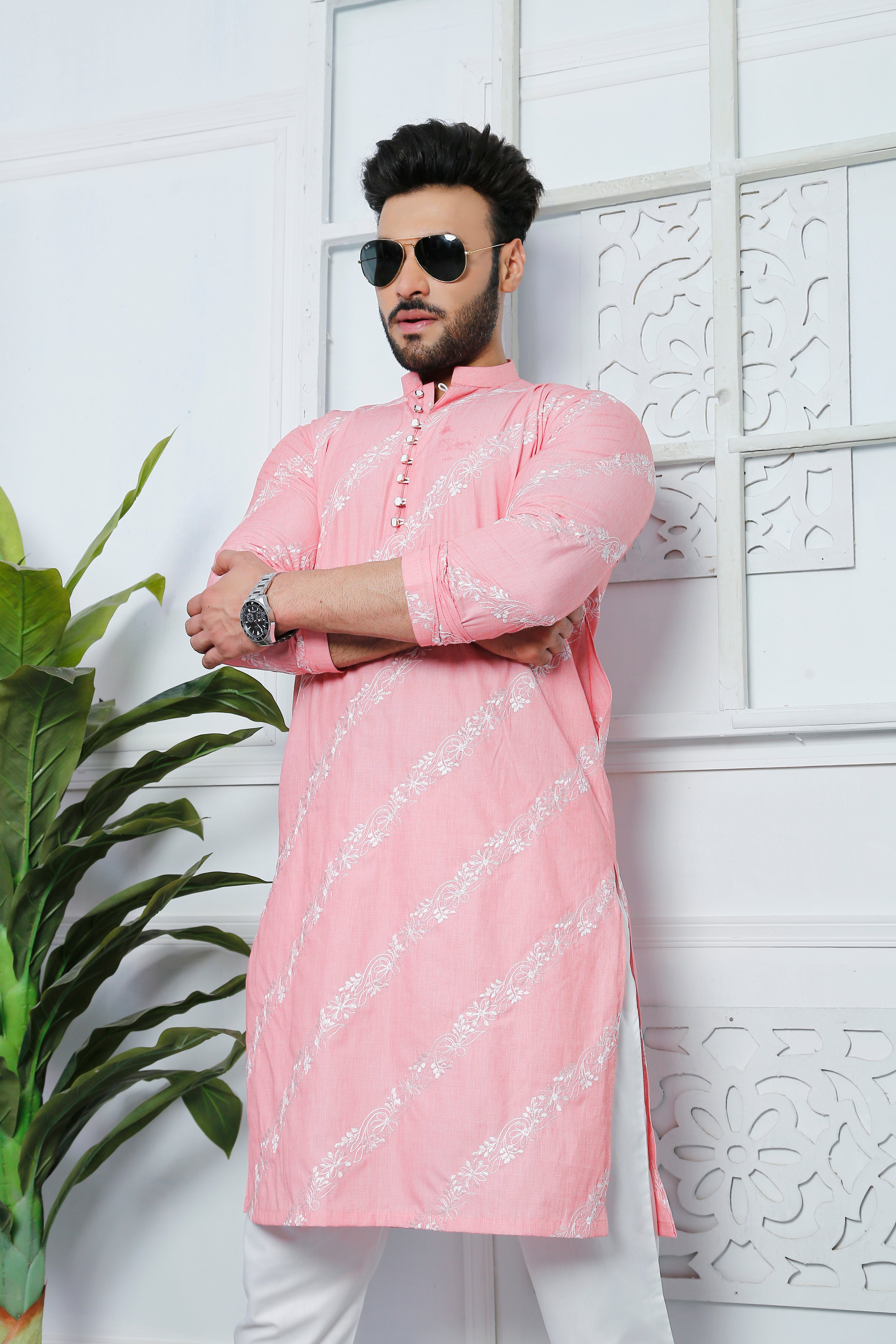 Pink Color Embroidered Kurta Pajama For Men