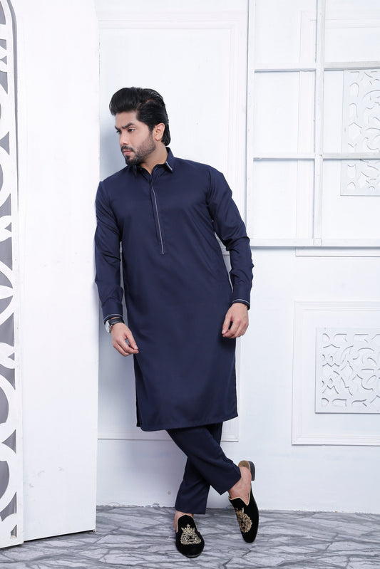 Blue Color Embroidered Kurta Pajama For Men