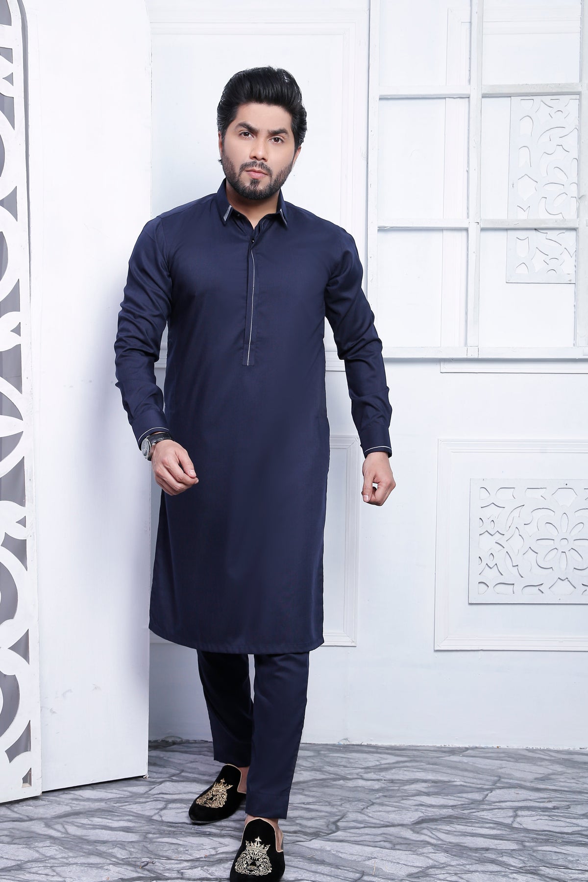 Blue Color Embroidered Kurta Pajama For Men