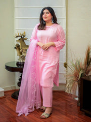 Pink Embroidered Jacquard 3-Piece Eid Suit For Women
