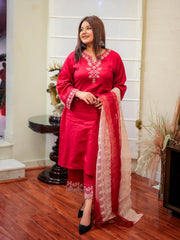 Red Embroidered Jacquard 3-Piece Eid Suit For Women