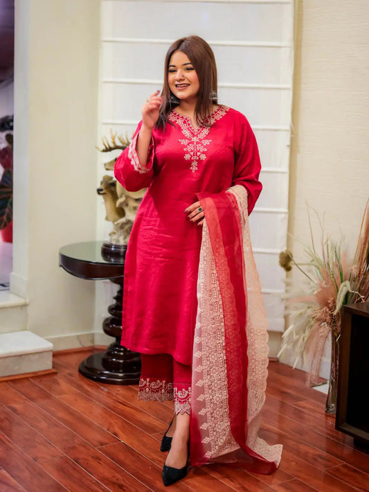 Red Embroidered Jacquard 3-Piece Eid Suit For Women