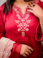 Red Embroidered Jacquard 3-Piece Eid Suit For Women