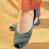 Virsa Peshawari Khussas – Teal Velvet Elegance with Hand Embroidery For Women