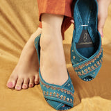 Virsa Peshawari Khussas – Teal Velvet Elegance with Hand Embroidery For Women