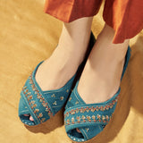 Virsa Peshawari Khussas – Teal Velvet Elegance with Hand Embroidery For Women