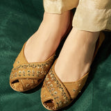 Virsa Peshawari Khussas – Camel Brown Elegance with Gold & Green Embroidery For Women