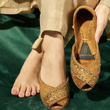 Virsa Peshawari Khussas – Camel Brown Elegance with Gold & Green Embroidery For Women