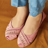 Virsa Peshawari Khussas – Blush Velvet Grace with Gold & Pink Embroidery For Women