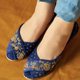 Omavi – Blue Velvet Peshawari Khussas with Golden Embroidery & Studs For Women