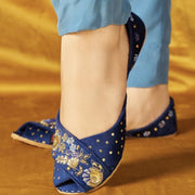 Omavi – Blue Velvet Peshawari Khussas with Golden Embroidery & Studs For Women