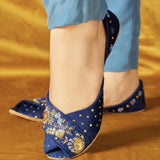 Omavi – Blue Velvet Peshawari Khussas with Golden Embroidery & Studs For Women